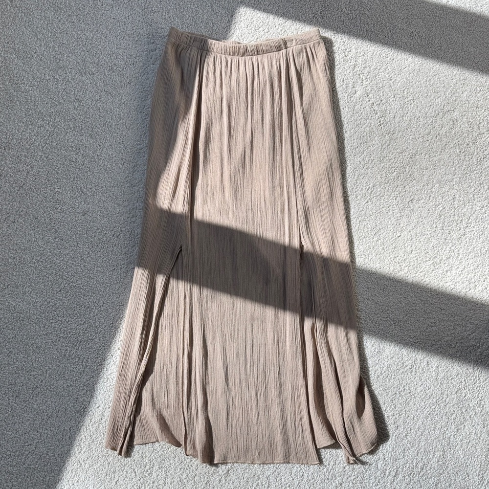 Women's High Rise Maxi Skirt in Taupe Double Side Slit